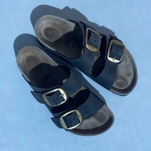Birkenstock Black Two-Strap Sandals with Gold Buckles